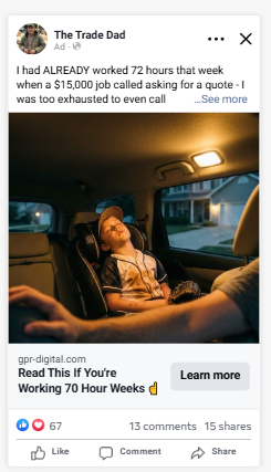 The Trade Dad Facebook ad in feed — 67 reactions, 13 comments, 15 shares
